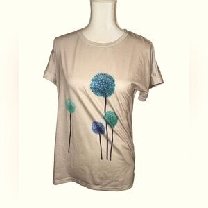 Elegant oversized beige T shirt with illustration of trees, S.